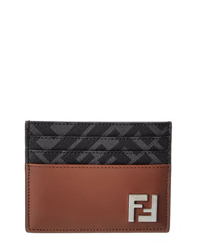 Fendi Ff Squared Leather Card Holder In Brown