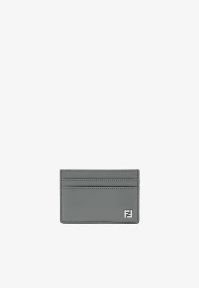 Fendi Ff Squared Leather Slim Cardholder In Gray