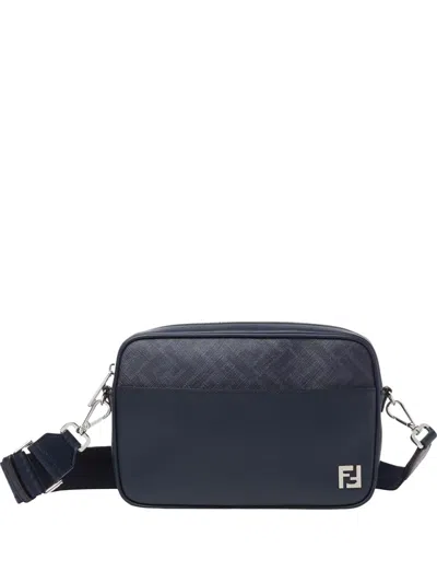 Fendi Midnight Blue Leather And Dark Blue Ff Canvas Bag In Red