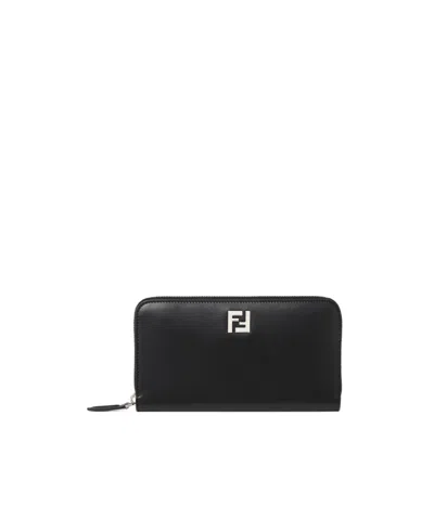 FENDI BLACK LEATHER AND BLACK FF CANVAS WALLET