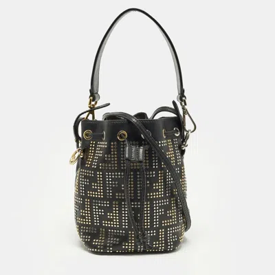 Pre-owned Fendi Ff Studded Mon Tresor Mini Black Leather Bucket Bag