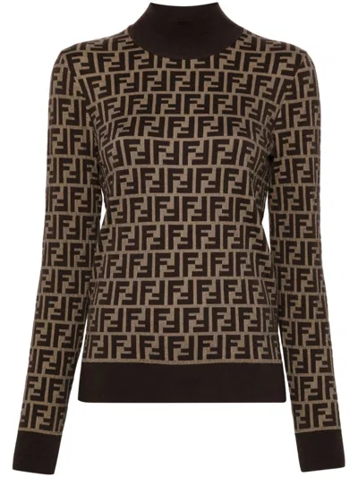 Fendi Ff Jacquard Turtleneck Sweater In Brown