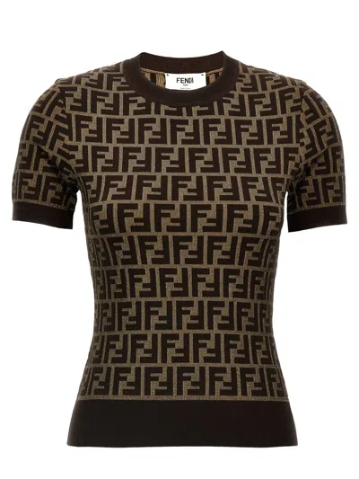 Fendi Logo Pattern Crew Neck Short Sleeve Sweater In Brown