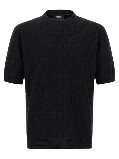 Fendi Ff Short Sleeve Crew Neck Sweater In Black