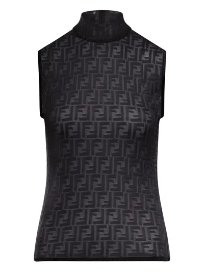 Fendi Women Black Crewneck Sleeveless Top With All-over Ff Motif And Rear Zip Closure In Tech Fabric