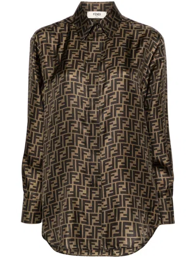 Fendi Silk Shirt With Curved Hem And Fabric-covered Buttons In Brown