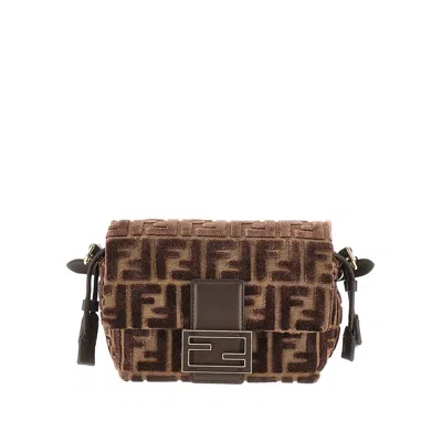 Fendi Ff Velvet Small 'mamma Baguette' Bag In Brown