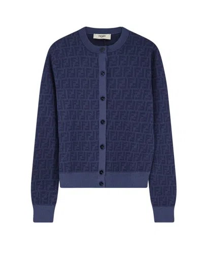 Fendi Ff Wool And Silk Cardigan In Blue