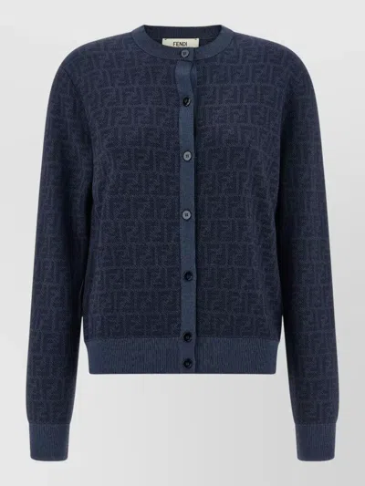 Fendi Ff Wool Cardigan Crew Neck Ribbed In Burgundy