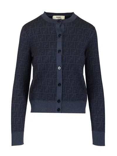 Fendi Ff Wool Cardigan Knitwear Violet In Blue