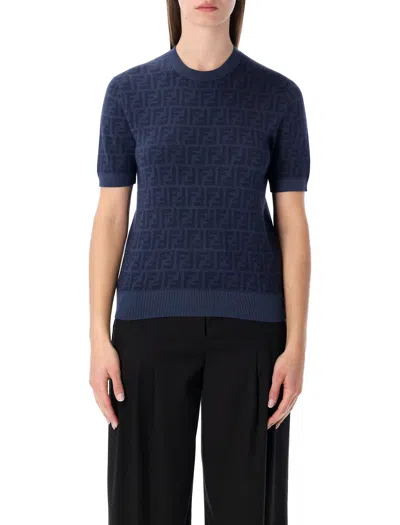 Fendi Ff Wool Silk Jacquard Jumper In Blue
