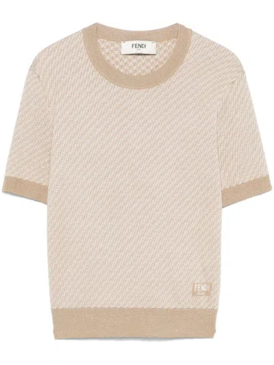 Fendi Wool Crew Neck Sweater With Textured Pattern In Neutral