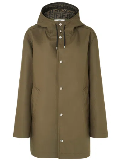 Fendi Ff Zucca Interior Midi Parka Jacket With Drawstring Hood In Verde
