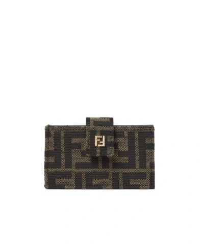 Fendi Ff Zucca Jacquard And Leather Card Case In Brown