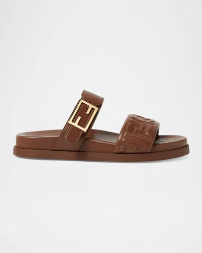 Fendi Ff-embossed Leather Dual Strap Slide Sandals In Brown