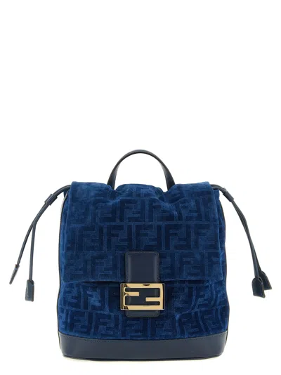 Fendi Ff-flocked Cotton Denim Backpack In Blue
