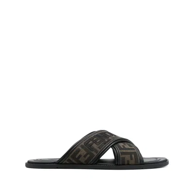 Fendi Ff-logo Crossover Slides In Black