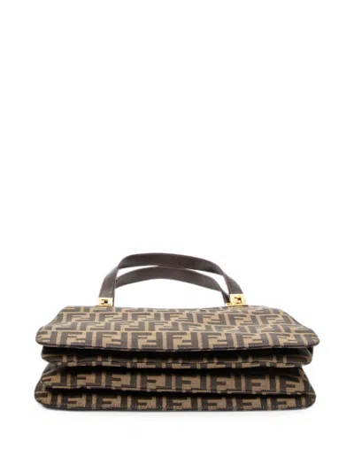 Pre-owned Fendi Ff-logo-plaque Zucca-pattern Tote Bag In Brown