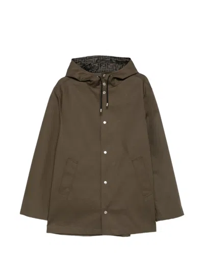 Fendi Ff Zucca Interior Midi Parka Jacket With Drawstring Hood In Green