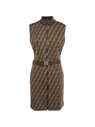 Pre-owned Fendi Ff-motif Belted Mini Dress In Brown