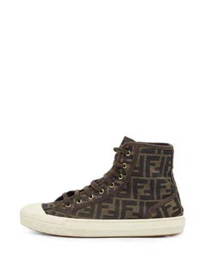 Pre-owned Fendi Ff-motif Domino Sneakers In Brown