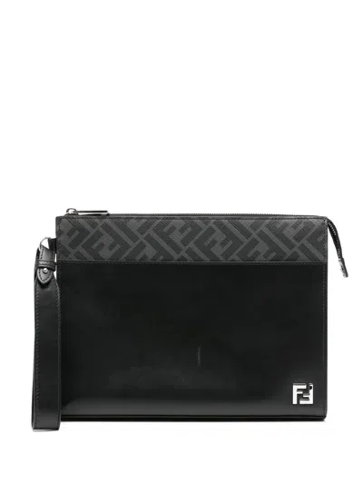 Pre-owned Fendi Ff-motif Leather Clutch Bag In Black