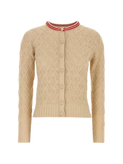 Fendi Cotton Cardigan Textured Knit Contrast Trim In Nude