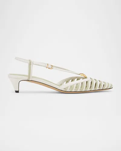 Fendi Ffold Leather Kitten-heel Slingback Pumps In Bianco Set Real Sage