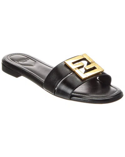 Fendi Ffold Leather Flat Sandals In Black