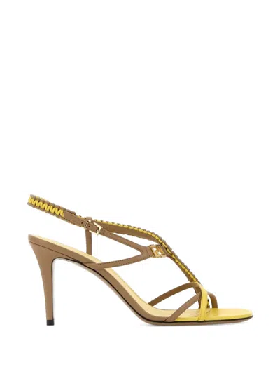 Fendi Leather Ffold Sandals Braided Straps Stiletto In Gold