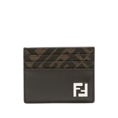 Fendi Ff Logo Plaque Leather Cardholder In Brown