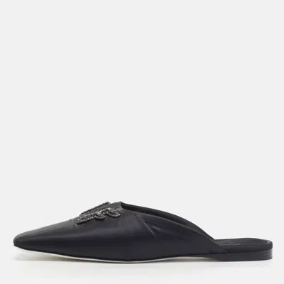 Pre-owned Fendi Ffreedom Size 39.5 Black Satin Mules
