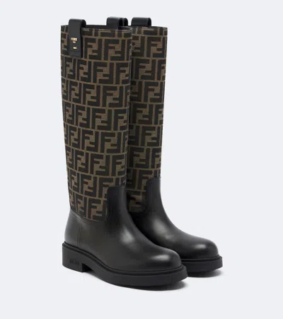 Fendi Filo Canvas And Leather Knee-high Boots In Yellow