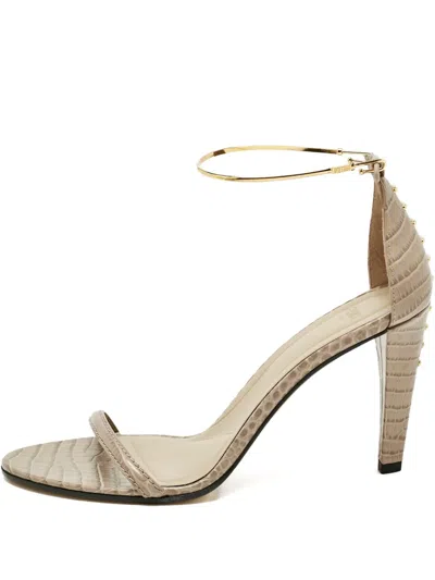 Pre-owned Fendi Filo Embossed-leather Heeled Sandals In Neutral
