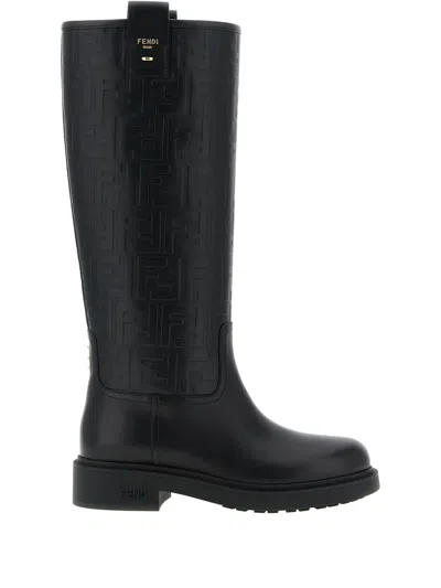 Fendi Filo Embossed-pattern Boots In Black