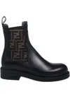 Fendi Filo Leather And Ff Fabric Biker Boots Shoes In Black