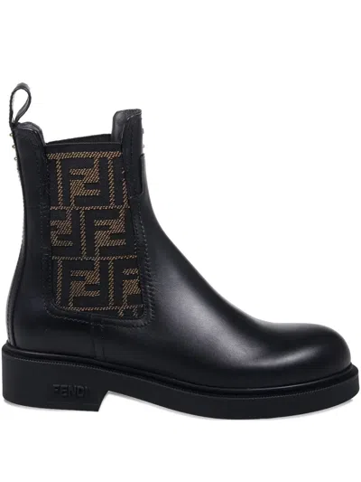 FENDI FENDI FILO LEATHER AND FF FABRIC BIKER BOOTS