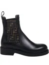 Fendi Filo Leather And Ff Fabric Biker Boots Shoes In Black
