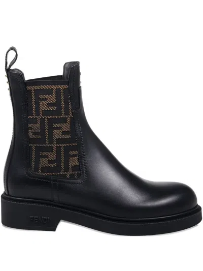 Fendi Filo Leather And Ff Fabric Biker Boots Shoes In Black
