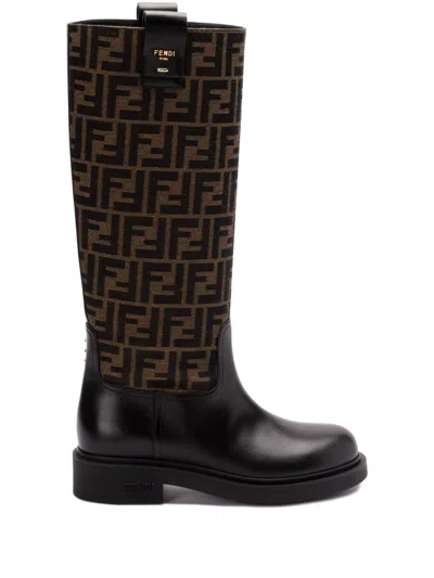 Fendi Filo Leather And Ff Fabric Boots In Brown