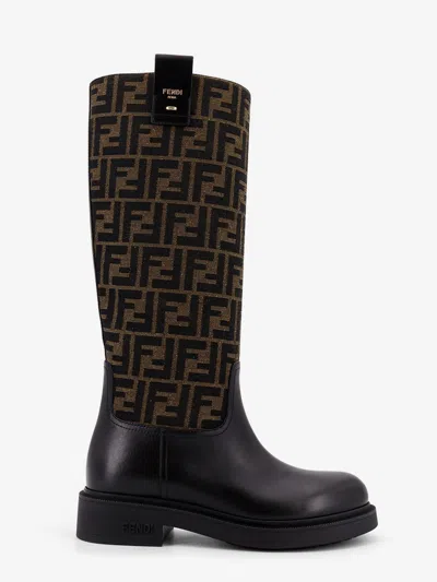 Fendi Filo Leather And Ff Jacquard Fabric Boots In Black