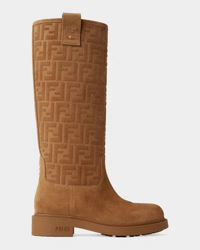 Fendi Filo Monogram Suede Knee Boots In Brown