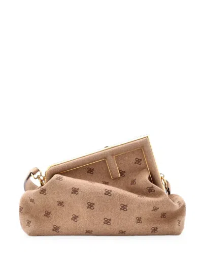 Pre-owned Fendi First Bag Ff Karligraphy Flannel Medium Clutch Bag In Brown