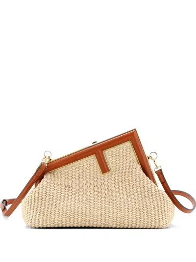 Pre-owned Fendi First Bag Raffia Small Shoulder Bag In Brown
