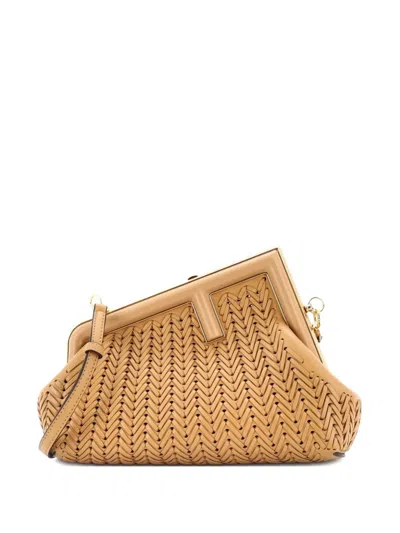 Pre-owned Fendi First Bag Woven Leather Small Clutch Bag In Neutral