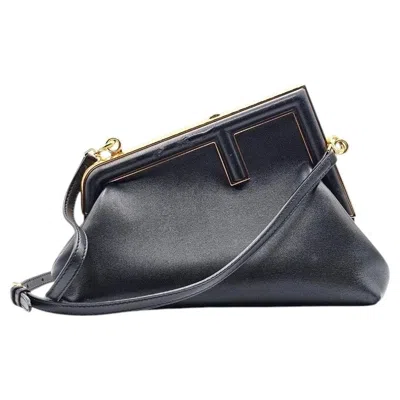 Pre-owned Fendi First Clutch Shoulder Bag Black Nappa Leather Gold Tone Frame -