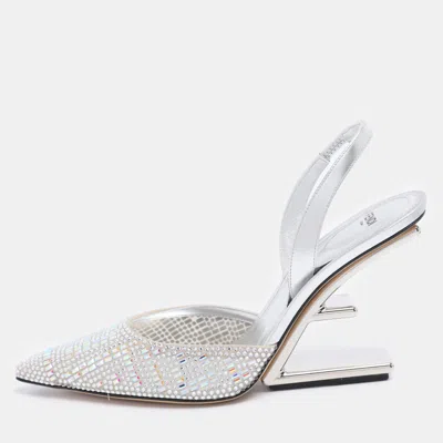 Pre-owned Fendi First Crystal Embellished Slingback Sandals Size 40 In Silver