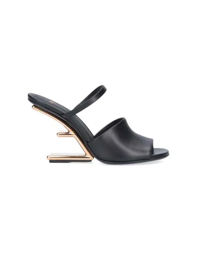 Fendi 95mm Leather Metallic-heel Slide Sandals In Black