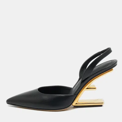 Pre-owned Fendi First Size 36.5 Black Leather Slingback Wedge Pumps