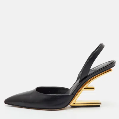 Pre-owned Fendi First Size 37.5 Black Leather Pointed Toe Slingback Pumps